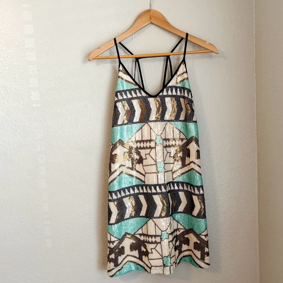 Lush Multicolor Tribal Aztec Print Mini Sequin Party Cocktail Dress, Size Small - Picture 1 of 12